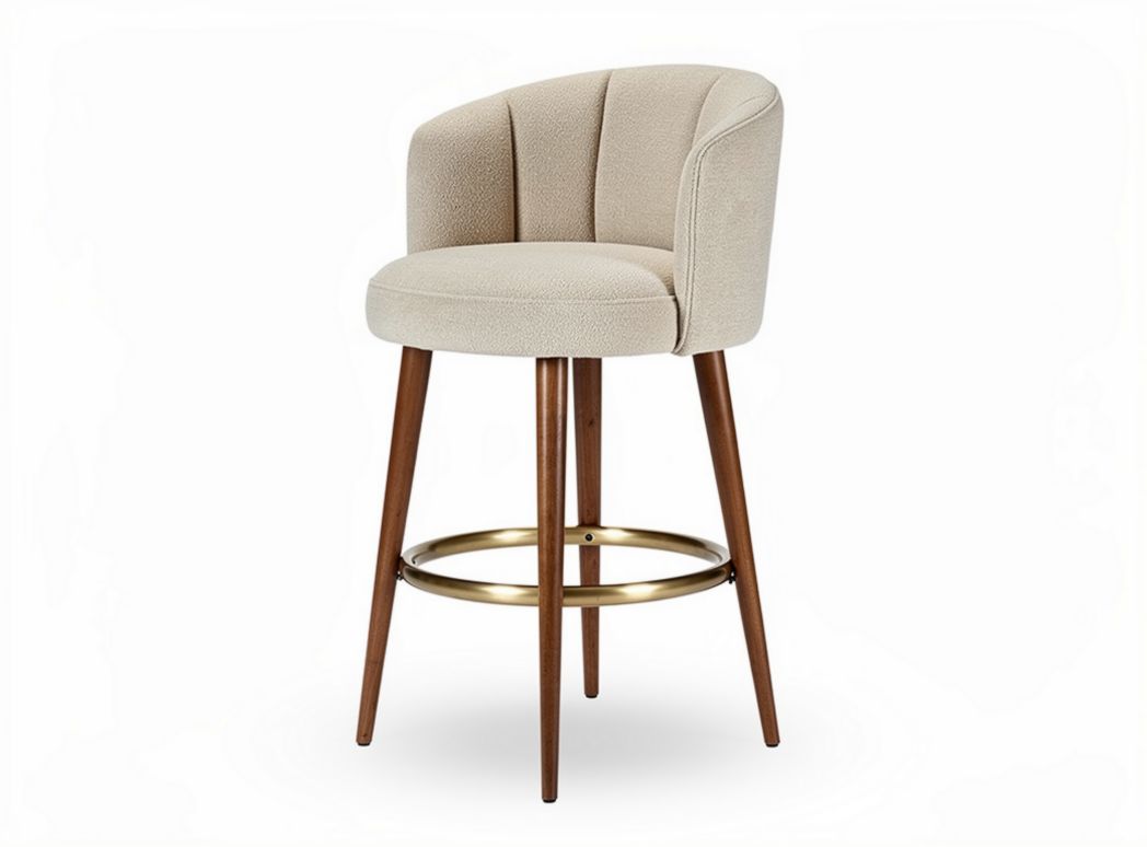 Sgabello da bar in tessuto beige con gambe in legno marrone e supporto in metallo dorato 45 x 45 x 100cm