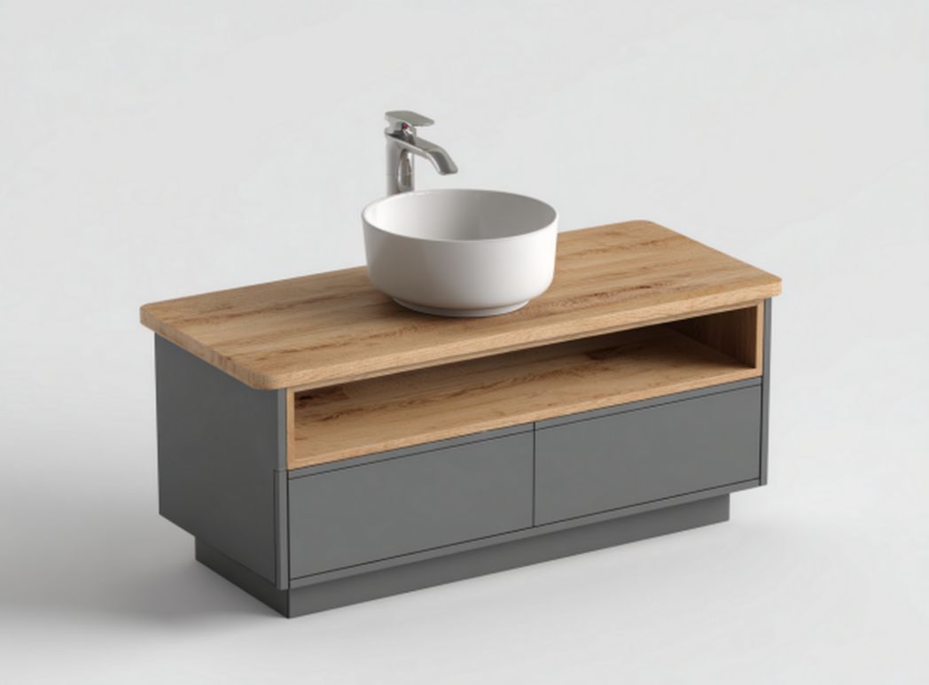 Mobile bagno sospeso con lavabo in ceramica e finitura bianca e rovere 90 x 50 x 30cm