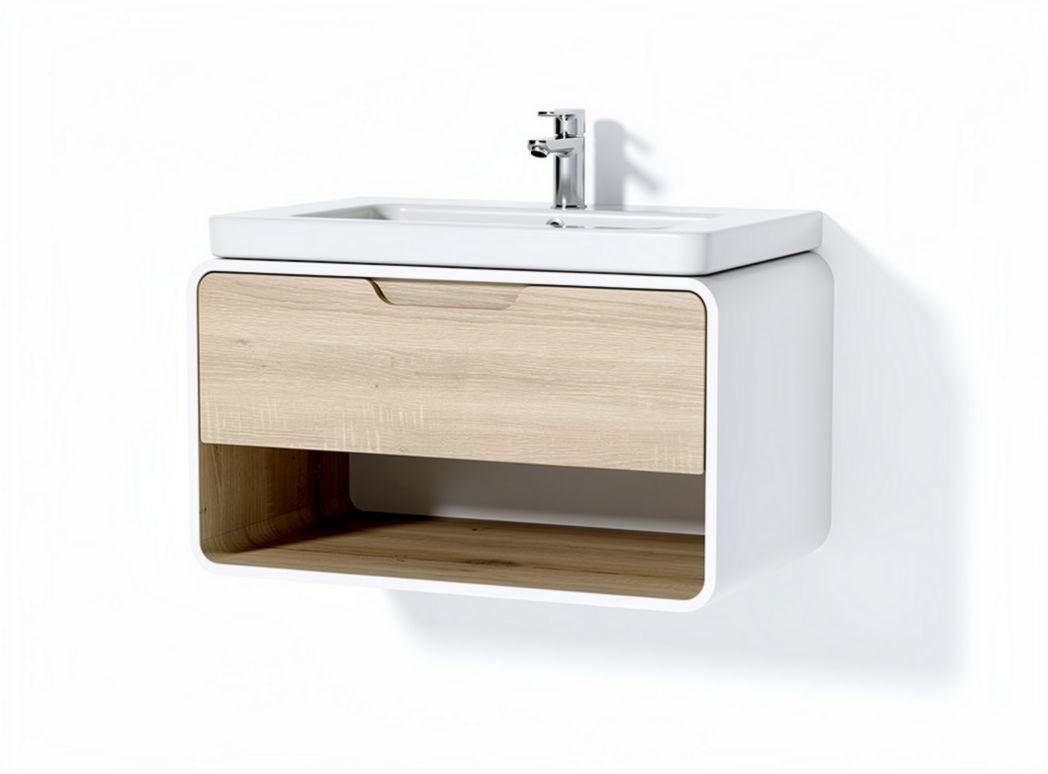 Mobiletto da bagno sospeso in legno e ceramica bianca 50 x 40 x 20 cm