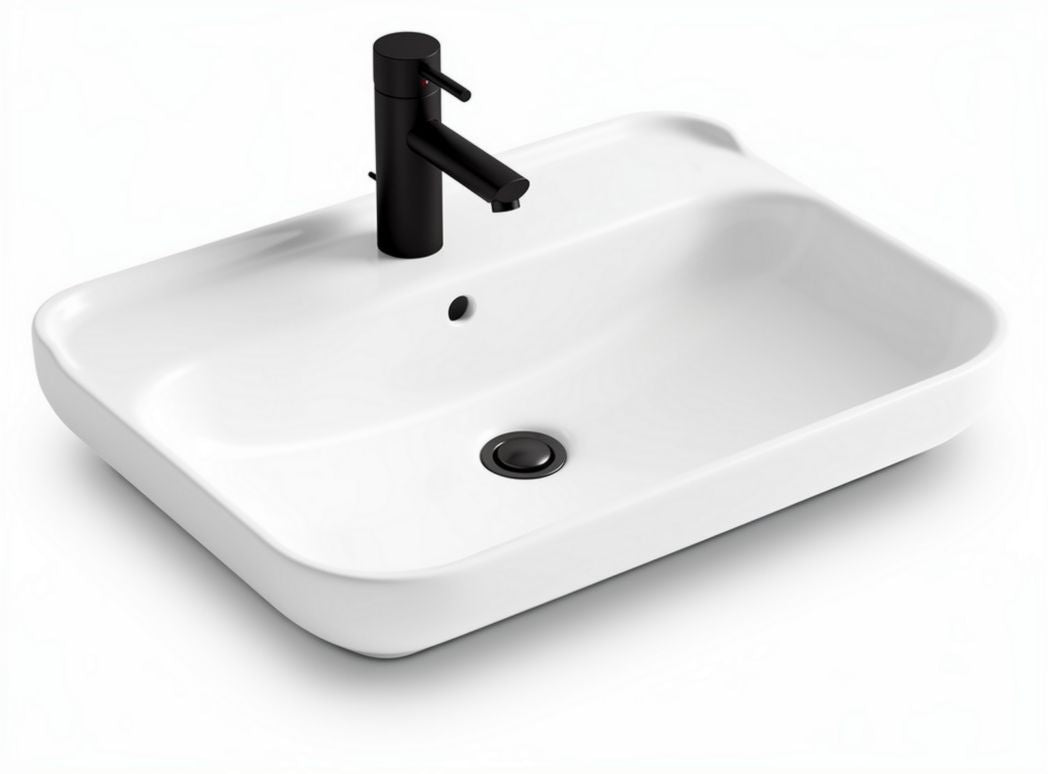 Lavabo da bagno rettangolare bianco ceramica 50 x 40 x 15cm con rubinetto nero