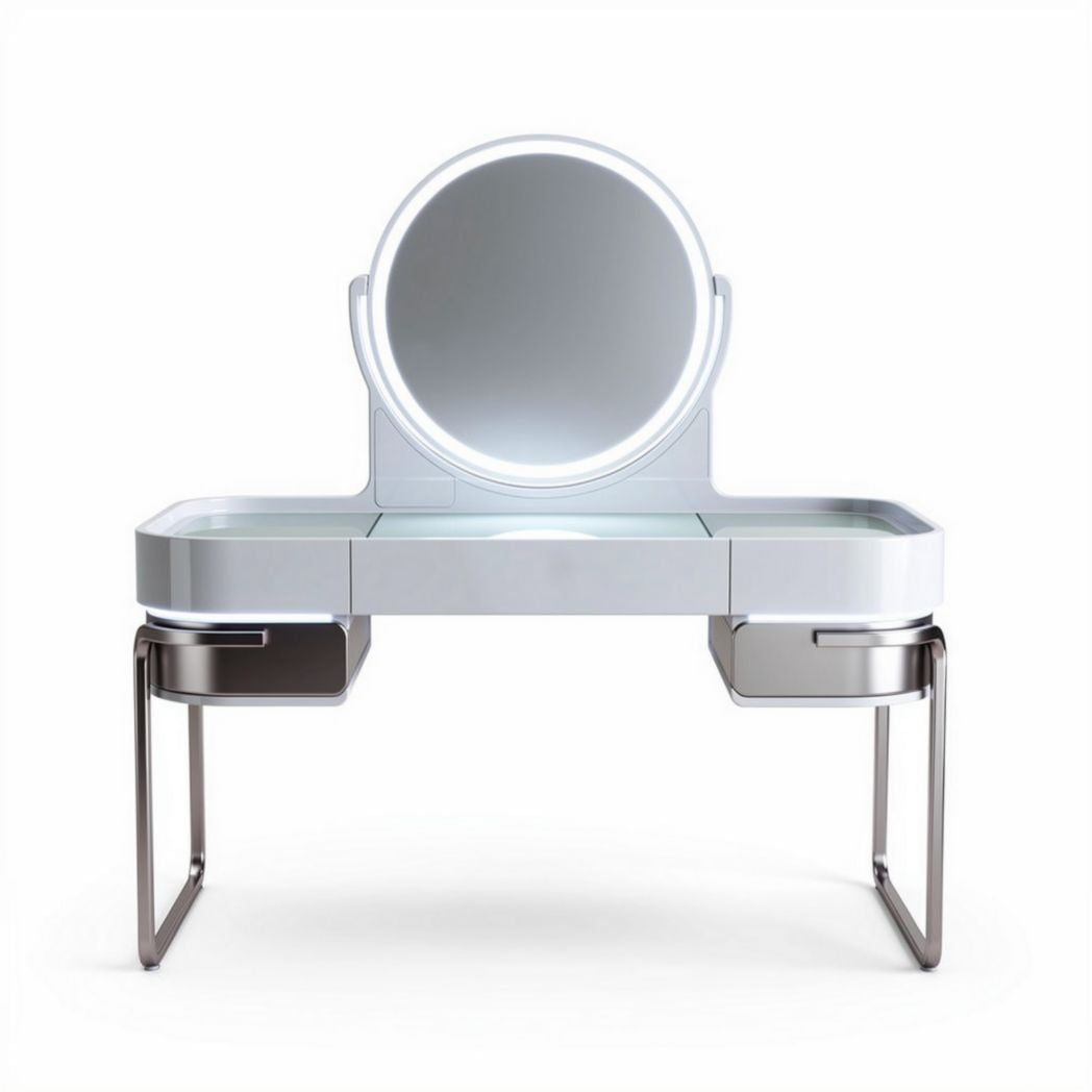 Toeletta con specchio circolare illuminato e cassetti in metallo 120 x 60 x 75cm